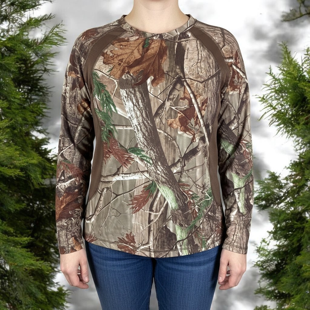 Cabela's Outfit Her Brown Camo Top L Realtree Print Hunting Fishing Farm Girl